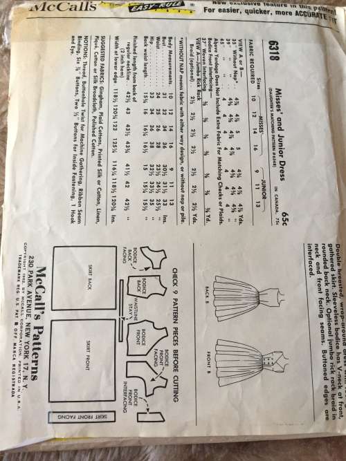 PATTERN MCCALL`S 6318 (VERY VINTAGE, COMPLETE) - DOUBLEBREASTED,WRAPAROUND DRESS (SIZE 9)
