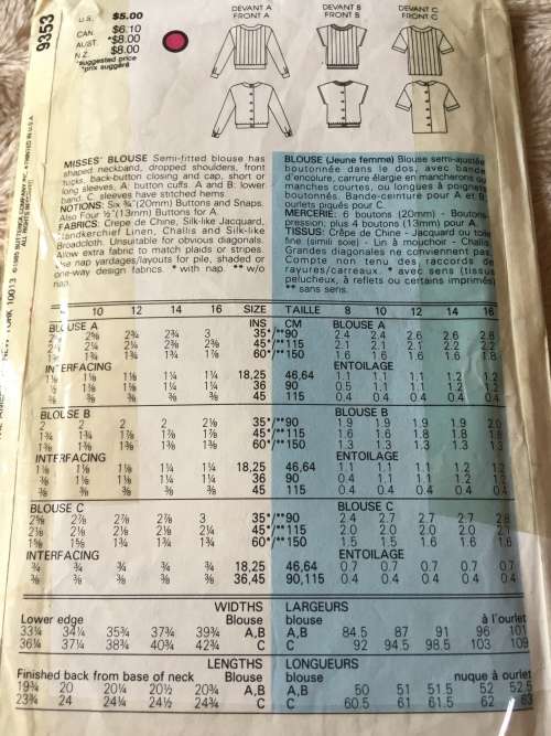 PATTERN VOGUE 9353 (UNUSED) - BLOUSE VARIATIONS (SIZE 14)