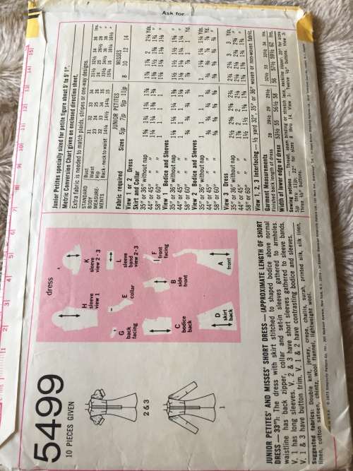 PATTERN SIMPLICITY 5499 (VERY VINTAGE, COMPLETE) - SHORT DRESSES (SIZE 11JP)