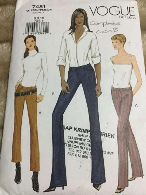 PATTERN VOGUE 7481 (COMPLETE, CUT ON 8) - CLOSEFITTING, BELOW WAIST PANTS (SIZE 6-8-10)