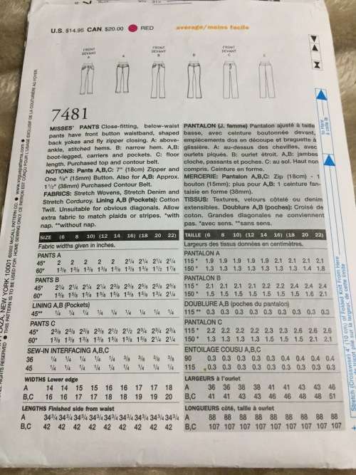 PATTERN VOGUE 7481 (COMPLETE, CUT ON 8) - CLOSEFITTING, BELOW WAIST PANTS (SIZE 6-8-10)