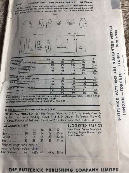 PATTERN BUTTERICK 7750 (VERY VINTAGE, TIDY PATTERNS) - DRESSES (SIZE 14)