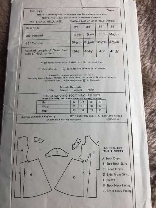 PATTERN STYLE 676 (VERY VINTAGE, TIDY PATTERNS) - DRESSES (SIZE 32)