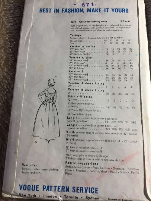 PATTERN VOGUE 6019 (VERY VINTAGE, UNUSED) - ONE PIECE EVENING DRESS (SIZE 14)