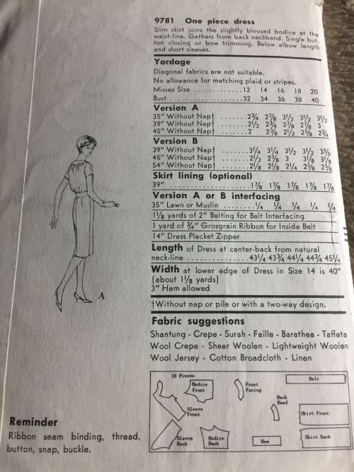 PATTERN VOGUE 9781 (VERY VINTAGE, TIDY PATTERNS) - ONE PIECE DRESS (SIZE 14)