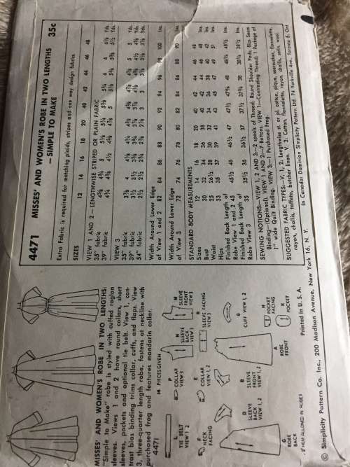 PATTERN SIMPLICITY 4471 (VERY VINTAGE, TIDY PATTERNS) - ROBE (SIZE 14)