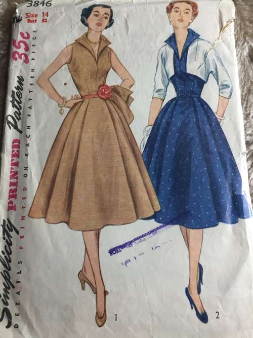 PATTERN SIMPLICITY 3846 (VERY VINTAGE, ENVELOPE OLD) - ONE-PIECE DRESS & JACKET (SIZE 14)