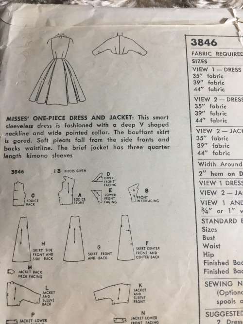 PATTERN SIMPLICITY 3846 (VERY VINTAGE, ENVELOPE OLD) - ONE-PIECE DRESS & JACKET (SIZE 14)