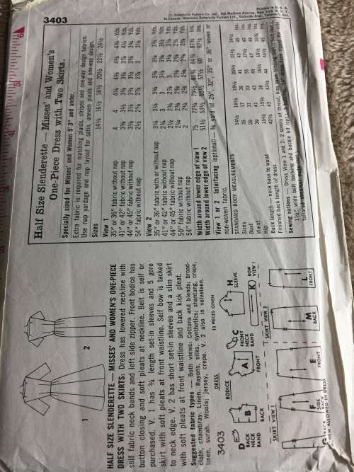 PATTERN SIMPLICITY 3403 (VERY VINTAGE, TIDY PATTERNS) - ONE-PIECE DRESS WITH 2 SKIRTS (SIZE 14.5)