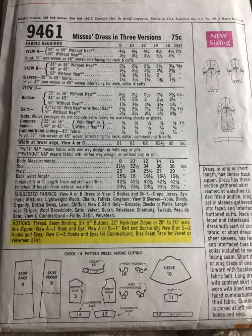 PATTERN MCCALL`S 9461*1968 (VINTAGE, TIDY PATTERNS) - DRESSES (SIZE 12-14)