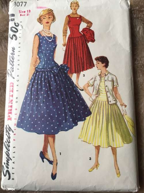 PATTERN SIMPLICITY 1077 (VERY VINTAGE, TIDY PATTERNS) - ONE-PIECE DRESS,JUMPER,JACKET (SIZE 13)