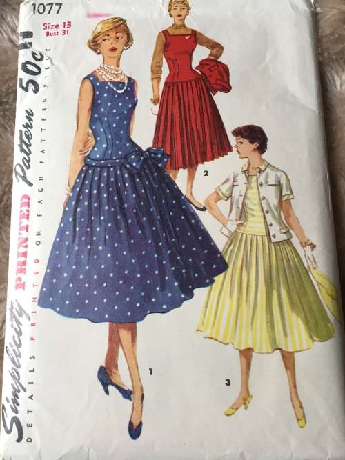 PATTERN SIMPLICITY 1077 (VERY VINTAGE, TIDY PATTERNS) - ONE-PIECE DRESS,JUMPER,JACKET (SIZE 13)