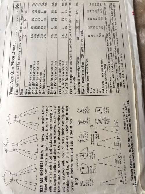 PATTERN SIMPLICITY 1842 (VERY VINTAGE, TIDY PATTERNS) - ONE-PIECE DRESS (SIZE 12)