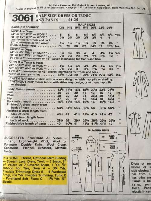 PATTERN MCCALL`S 3061 (VERY VINTAGE, LITTLE CUT, TIDY PATTERNS) - DRESS,TUNIC,PANTS (SIZE 12.5)