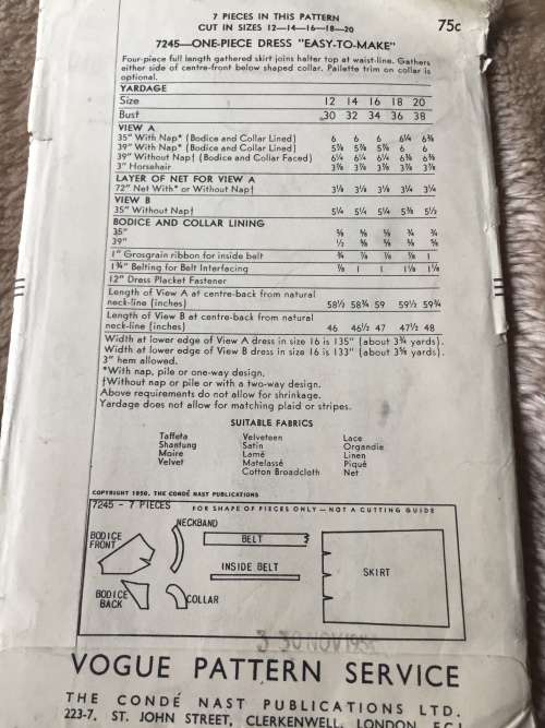 PATTERN VOGUE 7245 (VERY VINTAGE, TIDY PATTERNS) - ONE PIECE DRESS (SIZE 32)