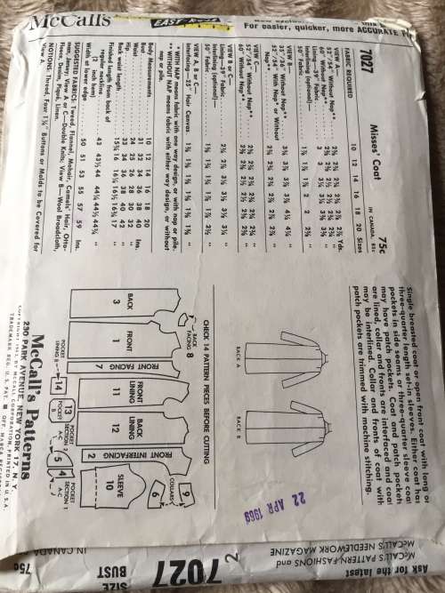 PATTERN MCCALL`S 7027 (VERY VINTAGE, TIDY PATTERNS) - COATS (SIZE 20) BIG SIZE
