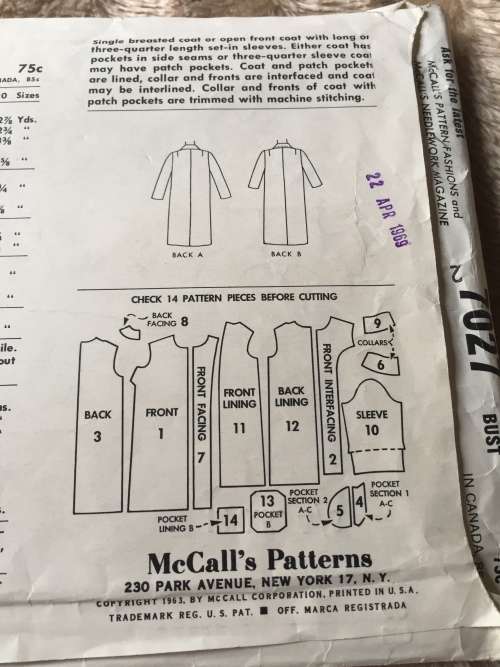 PATTERN MCCALL`S 7027 (VERY VINTAGE, TIDY PATTERNS) - COATS (SIZE 20) BIG SIZE