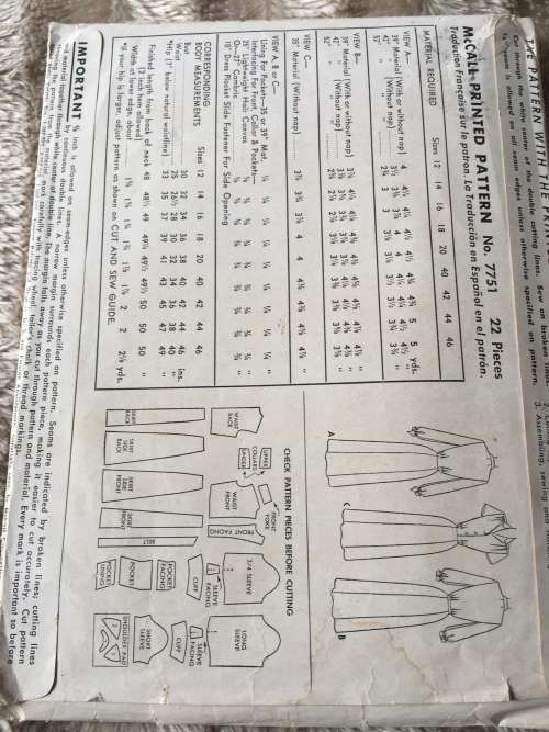 PATTERN MCCALL`S 7751 (VERY VINTAGE, TIDY PATTERNS) - DRESS  (SIZE 42) BIG SIZE