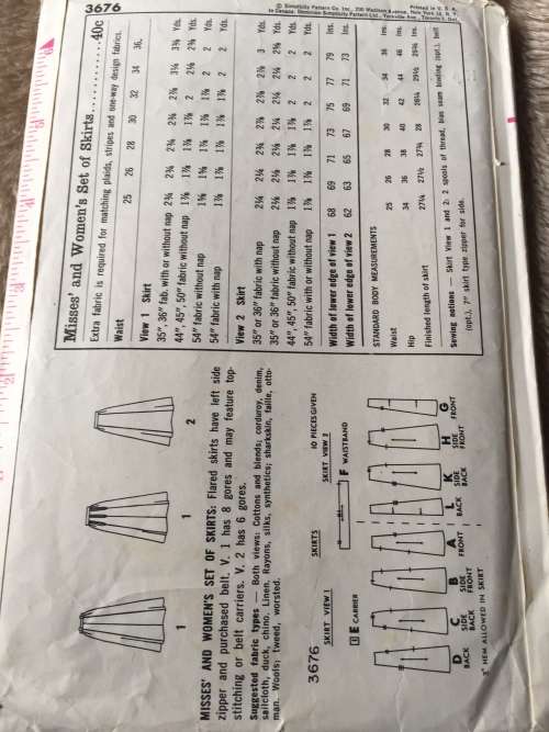 PATTERN SIMPLICITY 3676 (VINTAGE, TIDY PATTERNS) - SKIRT VARIATIONS (SIZE WAIST 34 / HIP 44)