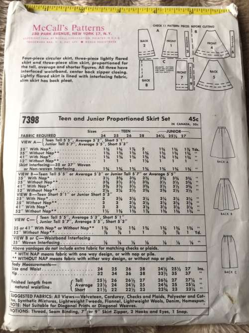 PATTERN MCCALL`S 7398 (VINTAGE, TIDY PATTERNS) - SPROPORTIONED KIRT  (SIZE WAIST 24.5/ HIP 33.5)
