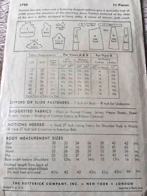 PATTERN BUTTERICK 1795 (VERY VINTAGE, NEAT & TIDY PATTERN) - DRESS (SIZE 42)