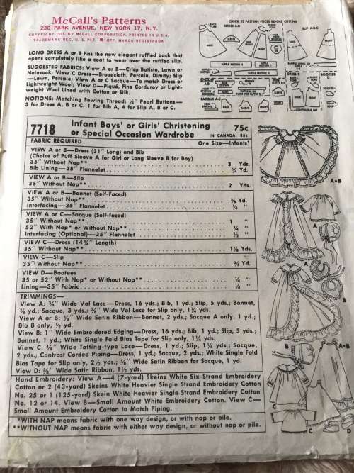 PATTERN MCCALL`S 7718 (VERY VINTAGE,TIDY PATTERN) - INFANTS` BOYS & GIRLS CHRISTENING WARDROBE