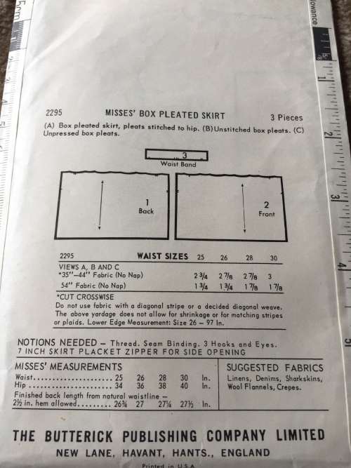 PATTERN BUTTERICK 2295 (VINTAGE, NEAT & TIDY PATTERN) - BOX PLEATED SKIRT (SIZE 16)