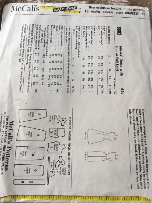 PATTERN MCCALL`S 6802 (VINTAGE, NEAT & TIDY PATTERN) - DRESS (SIZE 12)