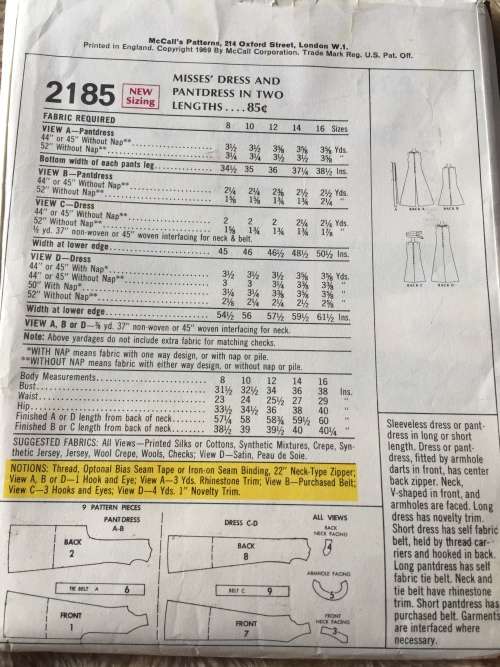 PATTERN MCCALL`S 2185*1969 (VERY VINTAGE, UNUSED) - DRESS, PANTDRESS (SIZE 14)
