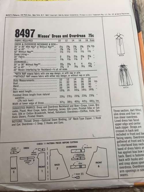 PATTERN MCCALL`S 8497*1966 (VERY VINTAGE, NEAT & TIDY PATTERN) - BEAUTIFUL DRESS&OVERDRESS (SIZE 14)