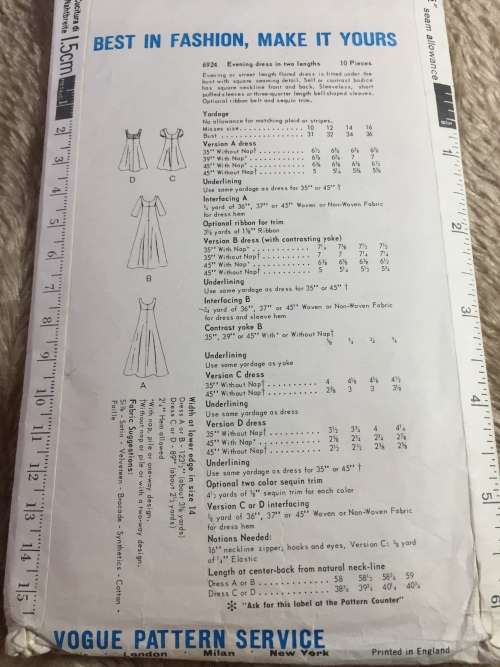 PATTERN VOGUE 6924 (VERY VINTAGE, NEAT & TIDY PATTERN) - EVENING DRESS IN 2 LENGTHS (SIZE 16)