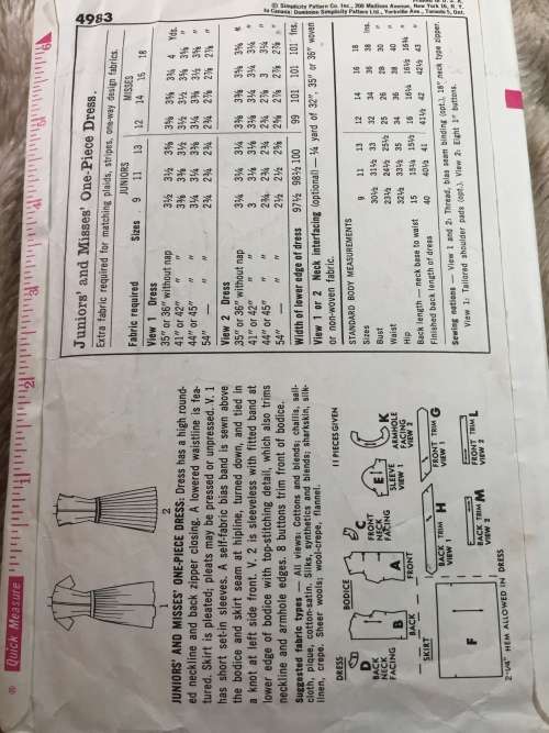 PATTERN SIMPLICITY 4983 (VERY VINTAGE, NEAT & TIDY PATTERN) - DRESSES (SIZE 16)