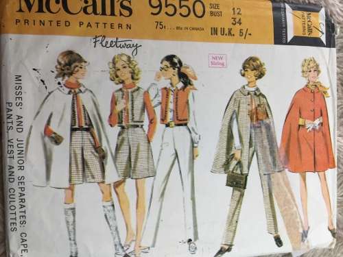 PATTERN MCCALL`S 9550*1968 (VERY VINTAGE, NEAT & TIDY PATTERN) - CAPE,PANTS,VEST,CULOTTES (SIZE 12)