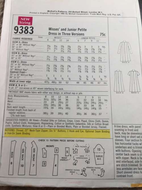 PATTERN MCCALL`S 9383*1968 (VERY VINTAGE, NEAT & TIDY PATTERN) - DRESS (SIZE 12)