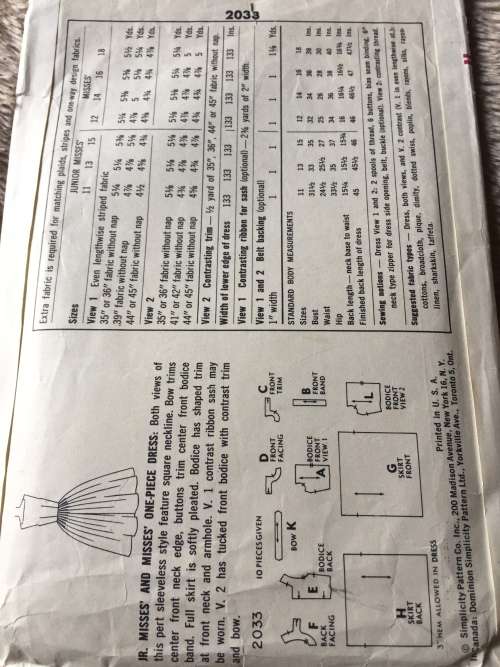 PATTERN SIMPLICITY 2033 (VERY VINTAGE, NEAT & TIDY PATTERN) - ONE-PIECE DRESS (SIZE 12)