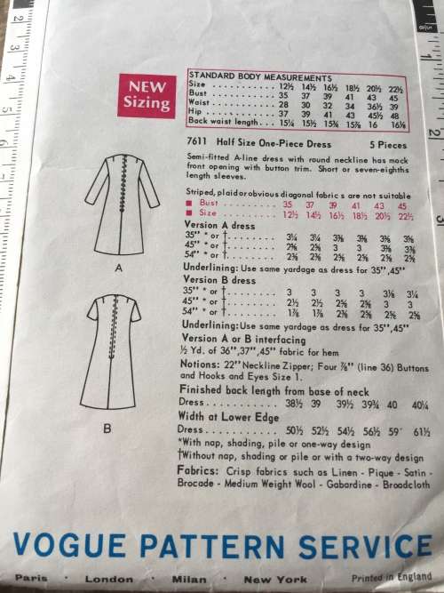 PATTERN VOGUE 7611 (VINTAGE, NEAT & TIDY) - DRESSES (SIZE 20.5)BIG SIZE
