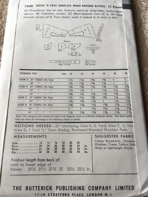 PATTERN BUTTERICK 7640 (VINTAGE, NEAT & TIDY) - WRAP-AROUND BLOUSE (SIZE 16)