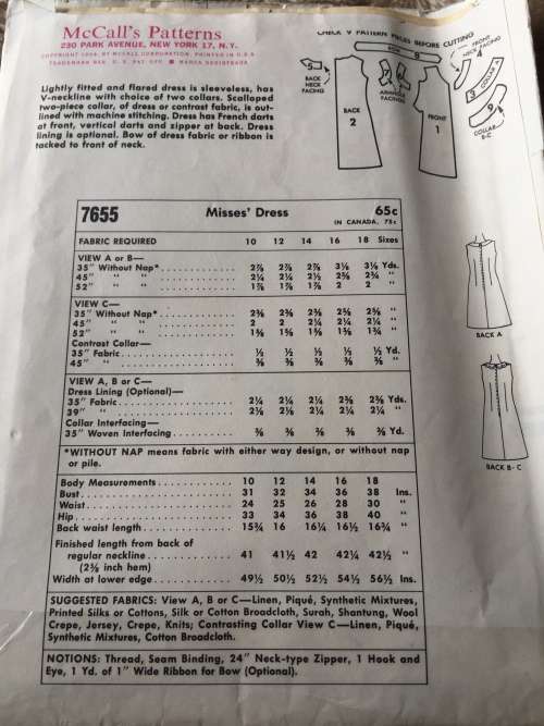 PATTERN MCCALL`S 7655*1964 (VINTAGE, NEAT & TIDY) - DRESSES (SIZE 16)