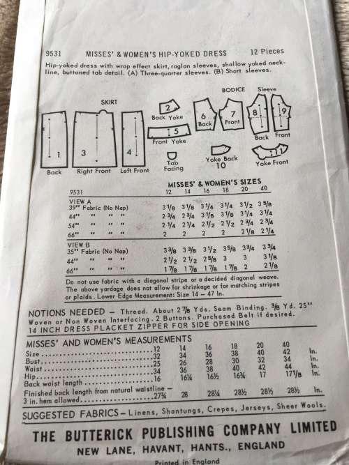 PATTERN BUTTERICK 9531 (VINTAGE, NEAT & TIDY) - HIP-YOKED DRESS (SIZE 14)