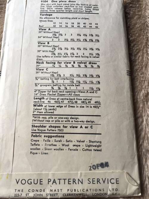 PATTERN VOGUE 9104 (VERY VINTAGE, NEAT & TIDY) - ONE PIECE DRESS (SIZE 16)