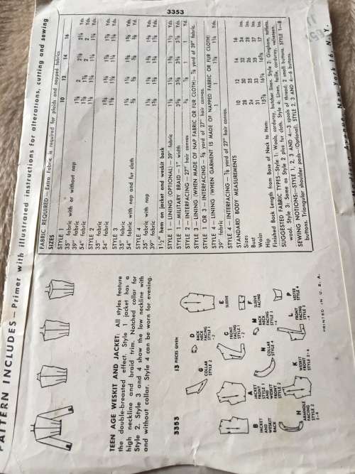 PATTERN SIMPLICITY 3353 (VERY VINTAGE, NEAT & TIDY) - TEENAGE WESKIT, JACKET (SIZE 12)
