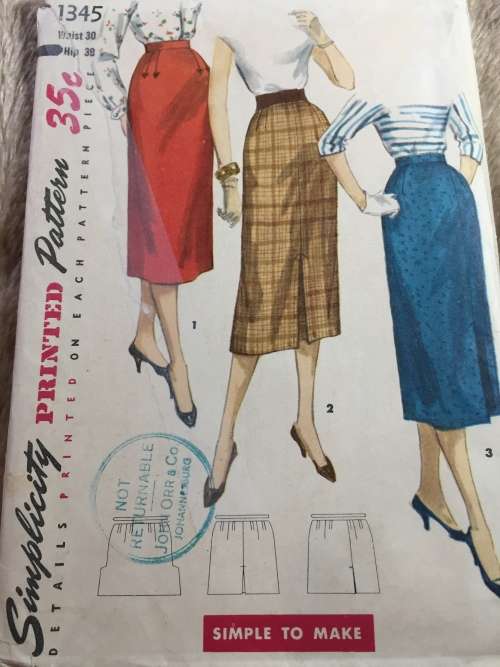 PATTERN SIMPLICITY 1345 (VERY VINTAGE, NEAT & TIDY) - SKIRTS (WAIST 30, HIP 38)