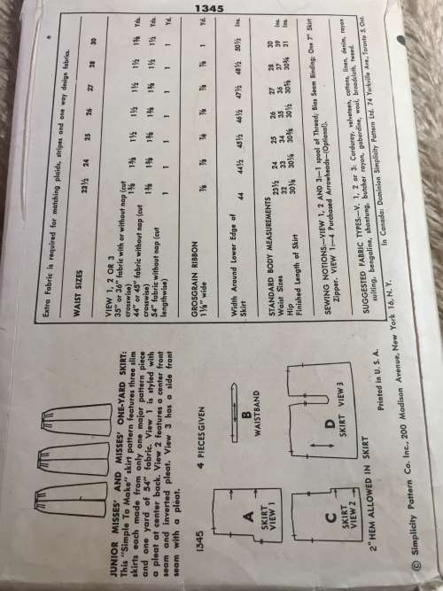 PATTERN SIMPLICITY 1345 (VERY VINTAGE, NEAT & TIDY) - SKIRTS (WAIST 30, HIP 38)