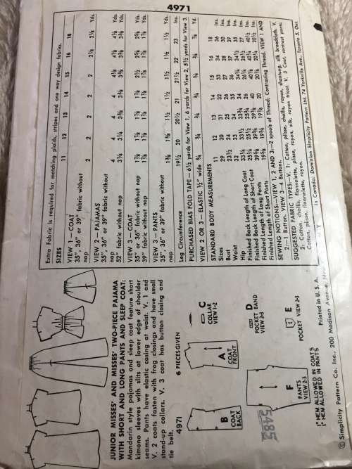 PATTERN SIMPLICITY 4971 (VERY VINTAGE, NEAT & TIDY) - PJS, LONG/SHORT PANTS,SLEEP COAT (SIZE 16)