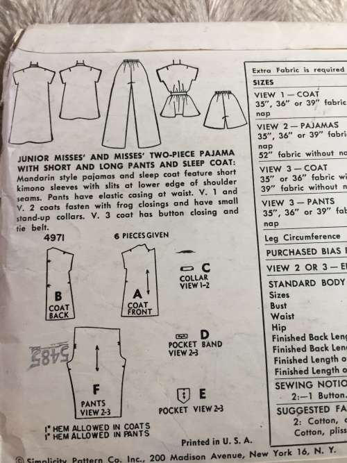 PATTERN SIMPLICITY 4971 (VERY VINTAGE, NEAT & TIDY) - PJS, LONG/SHORT PANTS,SLEEP COAT (SIZE 16)