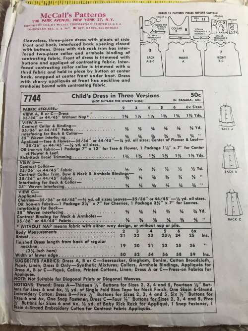 PATTERN SIMPLICITY 7744 (VERY VINTAGE, NEAT & TIDY) - GIRLS` SLEEVELESS DRESSES (SIZE 4)