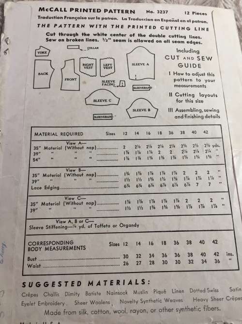 PATTERN MCALL`S 3237 (VERY VINTAGE, NEAT & TIDY) - BLOUSES (SIZE 14)