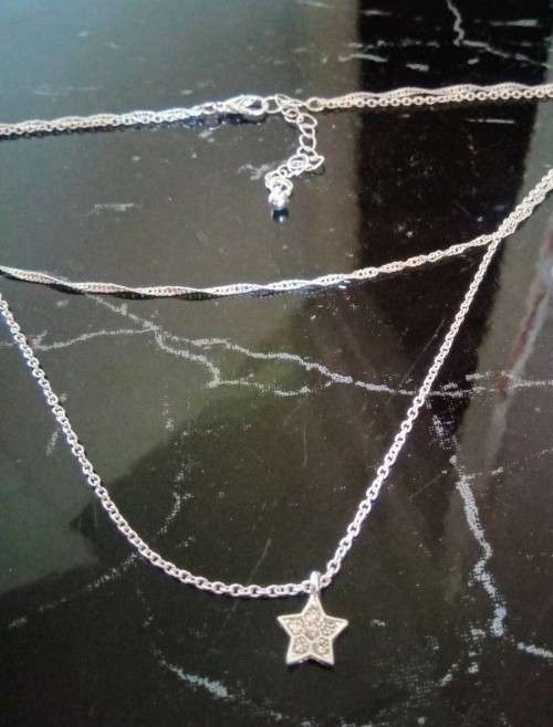 Sterling Silver Double layer Necklace with cubic zirconia Star pendant