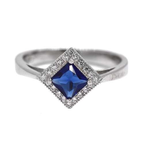 925 Silver blue diamond shaped encrusted CZ ring