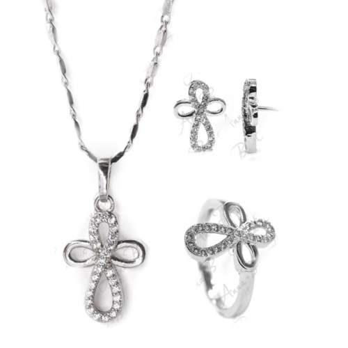 925 Silver Cross Necklace, earrings and Ring set